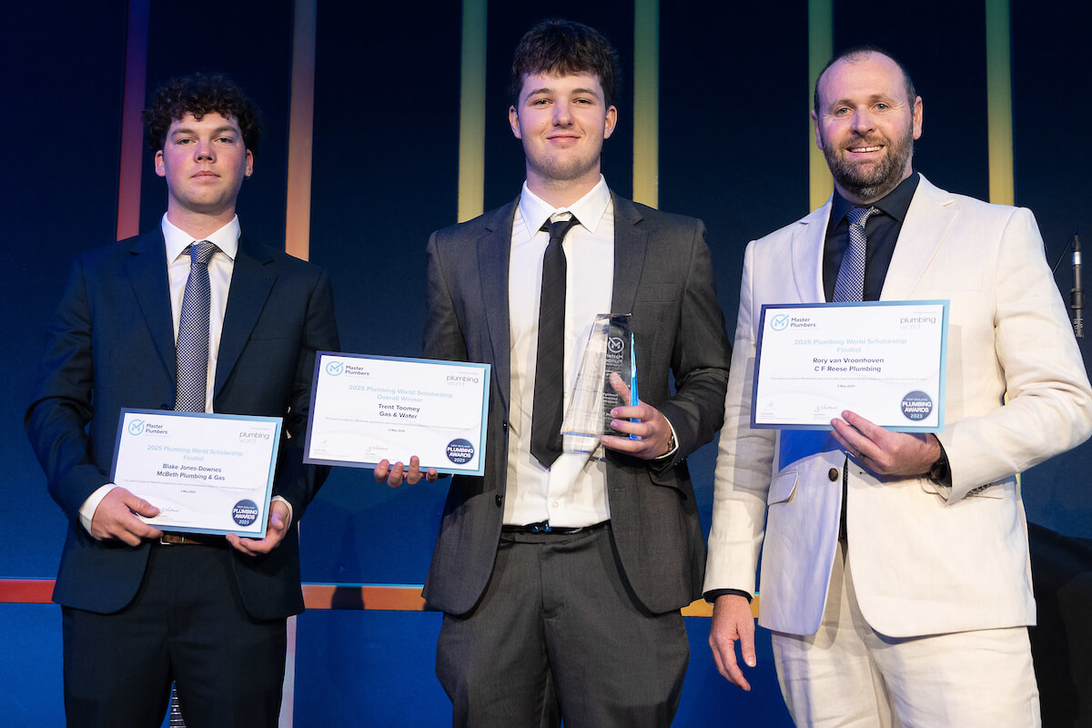 Trent Twoomy, Andrew Smith and Rory van Vroonhoven with their Plumbing World Scholarship awards